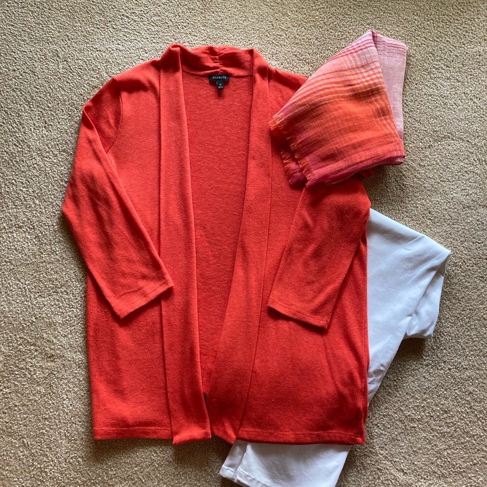 Talbots Orange Slub Knit Open Front  Cardigan